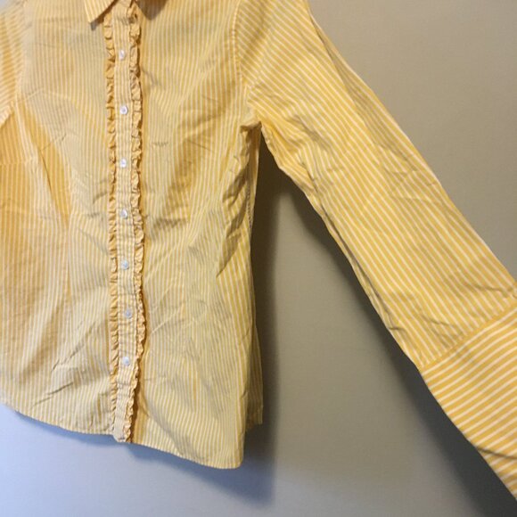 Lands' End Yellow & White Pinstripe Ruffle Trim Button Down Shirt - Picture 6 of 16